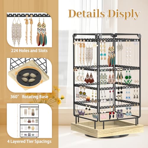 Image of MODOWEY 4 Tier Rotating Earring Holder Organizer Metal Wooden Display Stand Tree for Women, 224 Holes and Grooves Large Storage Rack, Stable Square Tower for Stud Pierced Dangle Hoop, Light Oak