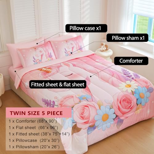 Image of Twin Bedding Set for Girls 5 Piece Pink Unicorn Comforter Set for Girls Super Soft Microfiber Bed Set Bed in a Bag with Comforter Sheets Pillowcase & Sham (5 Piece Twin Size)