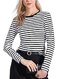 Allegra K Camisetas A Rayas para Mujer, Camisetas De Manga Larga, Camisetas Ajustadas con Cuello Redondo, Conjuntos Casuales De Moda Raya Blanca y Negra L