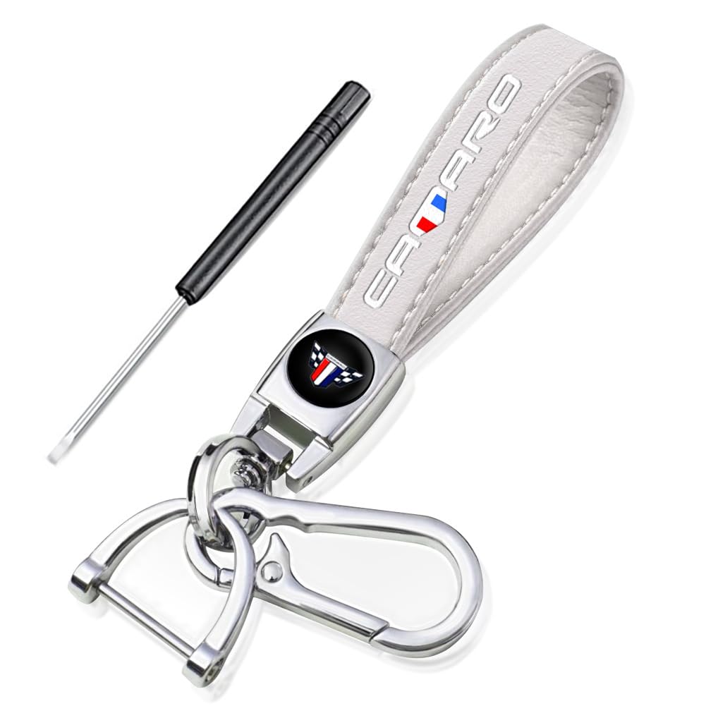 IVYARD Genuine Leather Keychain for Camaro, Durable Leather Key Chain for Man and Woman, Car Accessories (White)