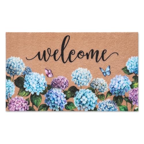 Arttown Colorful Hydrangea Door Mat Spring Butterfly Welcome Doormat Thick Bottom Backing Non-Slip Durable Resist Dirt Door Rug Indoor Outdoor Entry Mat for Porch Entrance Patio 17x30 Inch