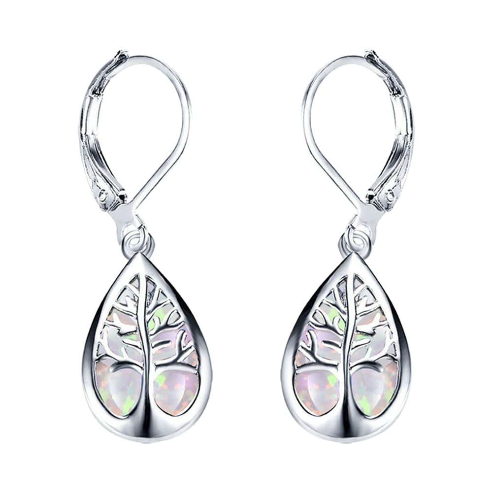 925 Sterling Silver Jewelry Exquisite Water Drop Blue White Fire Opal Life Tree Dangle Earrings For Women Tree of Life Earrings Opal Leverback Drop Earring White Gold Plated (White)