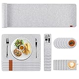 filz rund schneiden PERFEKTES SET: Ein Satz enthält insgesamt 25 Stück: 1 Tischläufer (150 x 40 cm）,6 Platzdeckchen zum Platzieren von Tellern(44 × 32 cm), 6 Weinuntersetzer (Durchmesser: 10cm), 6 Wasserbecher Mat (10×10cm) und 6 Best cktasche( 9×25 cm). Die Dicke der tischset filz beträgt 4 mm.