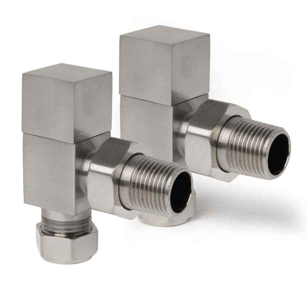Brushed Nickel Angled Radiator Valves Square Top Modern Radiator Valves Pair of 15mm x 1/2" (Set of 2) for Heated Towel Rails & Central Heating Radiators Brushed Nickel Radiator Valve Set