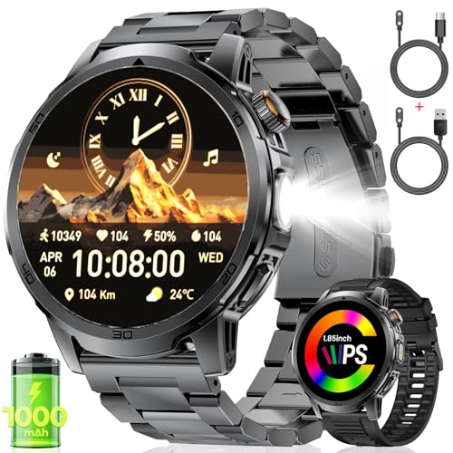 FEELNEVER Militär Smartwatch Herren mit 1000 mAh/1,85' HD Großes Touchscreen/LED-Licht,Fitnessuhr mit 2 Armbändern/110+ Sportmodi,Herz-/Schlaftracking,IP68 wasserdicht,Uhr für iOS/Android,Schwarz