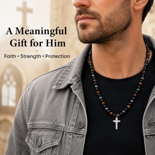 Beaded Cross Necklace Gifts for Men - Triple Protection Black Onyx Obsidian Tiger Eye Natural Stone Necklace Stainless Steel Cross Pendant Stress Relief Balance Faith Jewelry Gifts for Husband Dad Son - image 2