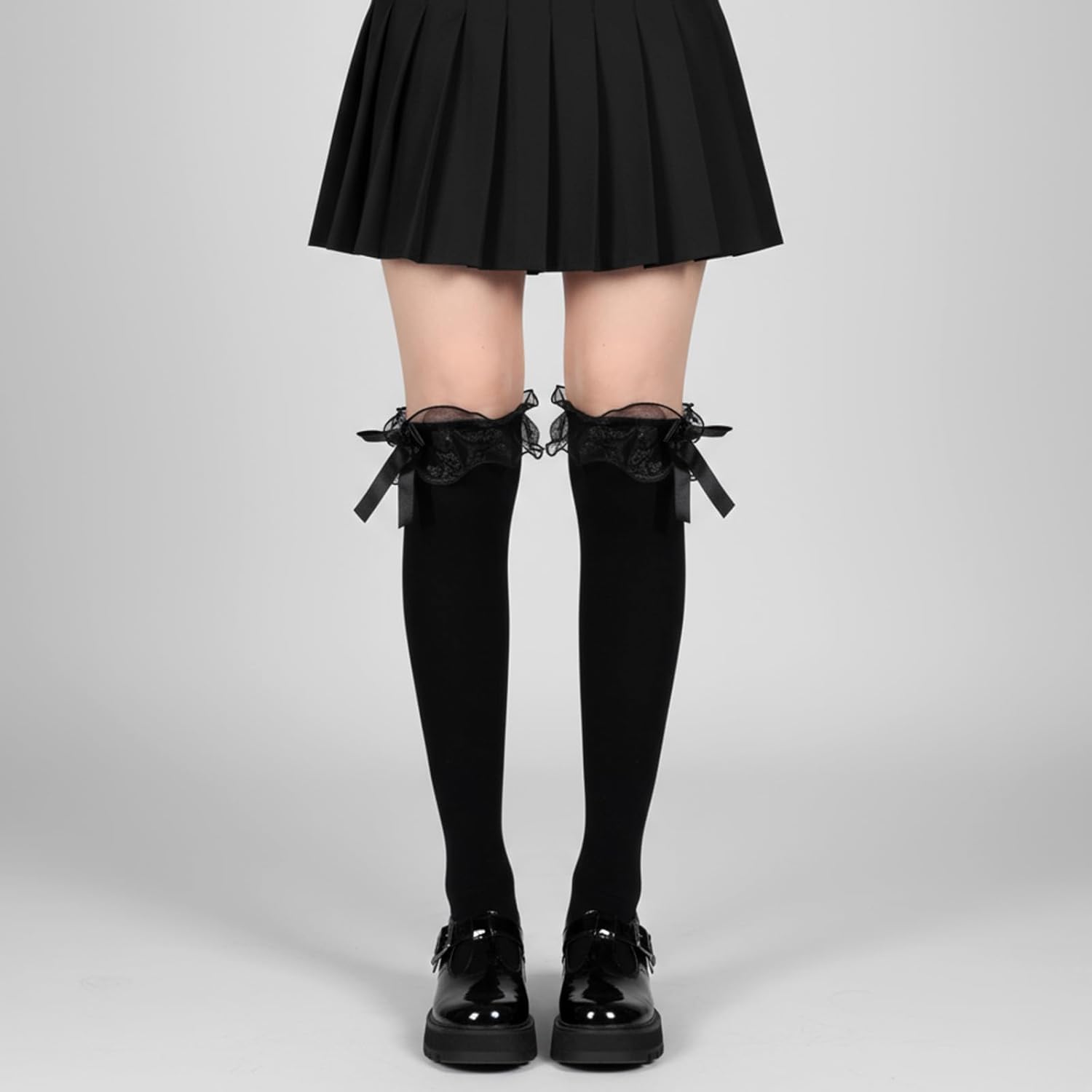 Black Lace Knee High Socks with Bow, Lace Ruffle Trim Knee High Socks for Girls Women, Cotton Cute Soft Bow Stockings for Dress Skirts Shorts Sneakers Sock - Image 6