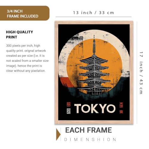 Image of kotart Japanese City View Wall Framed Posters | Aesthetic Japan Theme City View Framed Poster for Living Room Bedroom Gaming Room Studio Wall Decor Set Of 3 (13X17 inch)