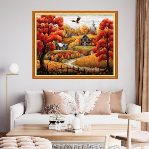 Image of Findvoor Stamped Cross Stitch Kits for Beginner Embroidery Kits for Beginners Adults DIY 11CT Cross Stitch Patterns Needlepoint Kits Crossstitching Kits-Golden Autumn Home 16x20 inch