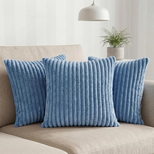 Image of Yellow Weaves Pencil-Stripe Fur Cushion Covers | Soft Polyester | Decorative Sofa & Throw Pillow Covers | 16x16 Inches, Pack of 3 (Sky Blue)