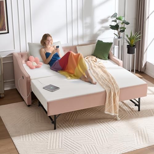 Twin to King Daybed with Trundle & USB Ports, Blush Pink