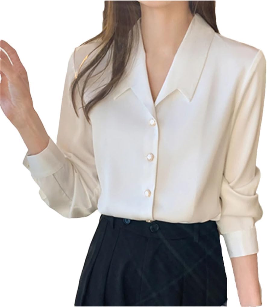 Women's Blouse Long Sleeve Turn-Down Collar Casual Loose Office Shirts Tops Female