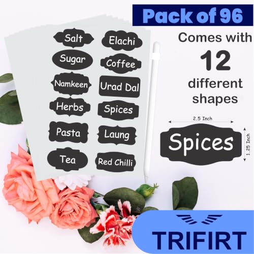 Image of Trifirt 12 Assorted Shapes Waterproof Vinyl Black Labels with White Pencil, 96 Reusable Self-Adhesive Chalkboard Stickers for Mason Jars, Spice Containers, Bottles & Pantry Organizer 8 Sheets