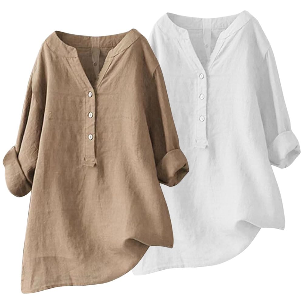 flintronic Blusas de Mujer Algodón, Blusas y Camisas Mujer, Elegante Verano Camisa, Blusa de Mujer Informal, con Botón Cuello en V Casual Blusa Shirts, Blusas de Oficina, Blanco