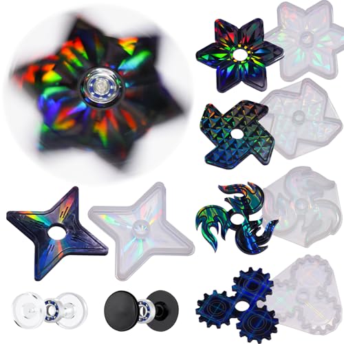 Image of NiArt Fidget Spinner Epoxy Resin Molds Set, 5 Holographic Silicone DIY Kit | Rainbow Texture, 15 Bearings & Caps, Storage Box For Casting Craft Projects, Stress Relief Toys