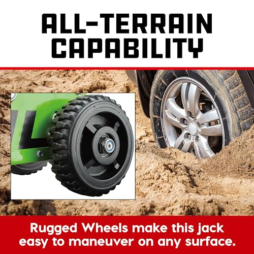 Image of Powerbuilt 1.5 Ton Big Wheel Off Road Jack, Vehicle Lift for Trucks, SUVs, ATVs Offroad Vehicles, Oversized Wheels for Rugged Terrain, 3000 LB Capacity, Green 620628ECE