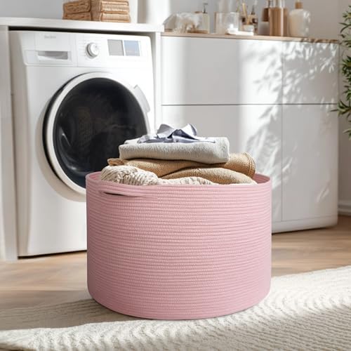 Image of MEGASKET 115L Oversized Pink Basket, 23.6 inchx15.7 inch Woven Cotton Rope Bin with Handles, XXXL Blanket Storage for Living Room, Kids Toy Storage Bin Box, Baby Laundry Basket for Organizing, Pink Room Decor