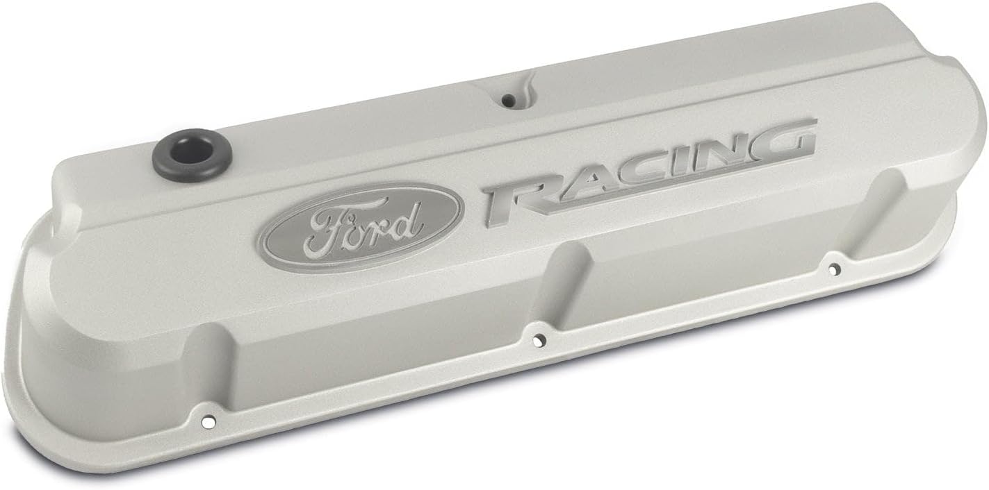 Ford 302-137 Valve Cover, Slant-Edge, Tall, Baffled, Breather Hole, Raised Ford Racing Logo, Aluminum, Gray Crinkle Powder Coat, Compatible with Small Block Ford, Pair