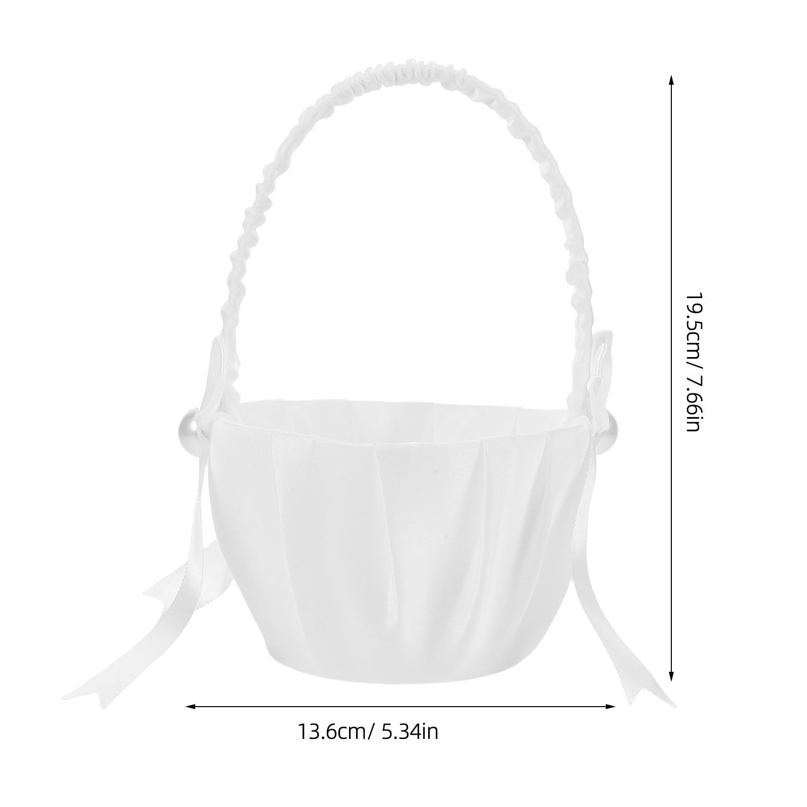 4 Pezzi Cestino da Matrimonio in Raso Bianco con Manico e Perle | Fiocco Decorativo Incluso, Struttura Rigida per Petali o Bouquet, Ricordo Elegante per Cerimonie Speciali