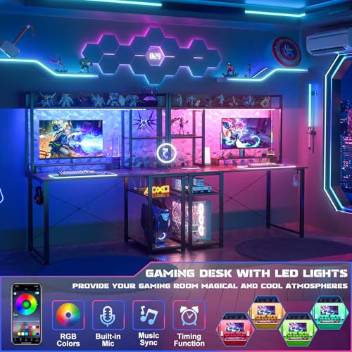 Image of Cyclysio Gaming Desk with Hutch, 39'' Computer Desk with LED Lights & Power Outlets, Home Office Desk with Reversible 5 Tiers Storage Shelves & Monitor Stand, Small Gaming Table for Small Space,Rustic