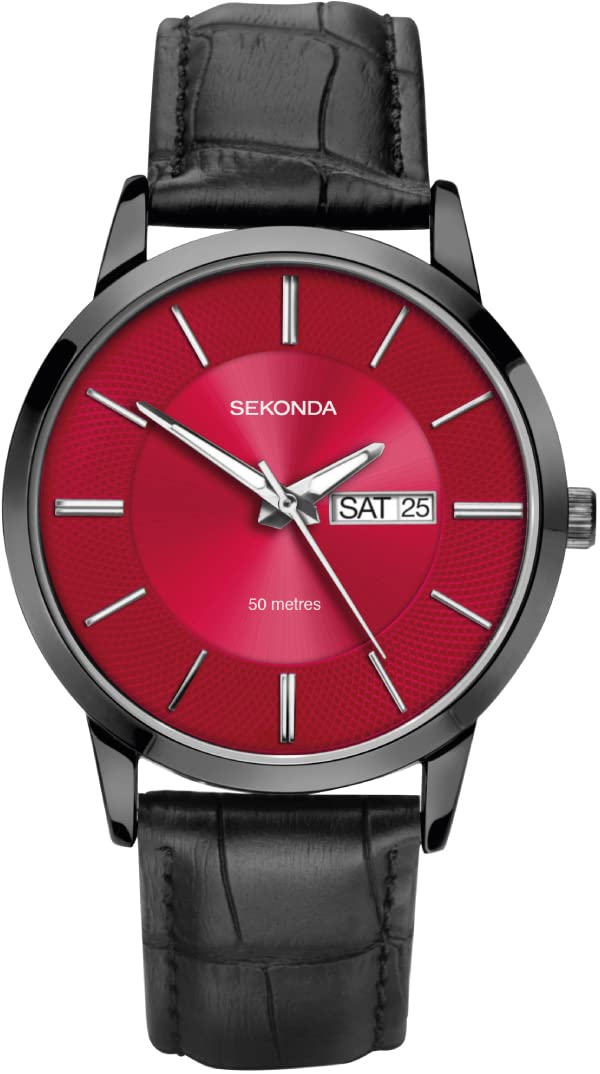 Sekonda Herren-Armbanduhr 1920, analog, Quarz, rotes Zifferblatt und schwarzes Lederarmband
