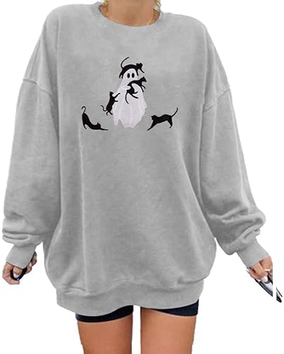 Halloween Spooky Season Sweatshirt Women: Oversized Black Cat Ghost Sweatshirts Fall Embroidered Pullover Top - Medium - Gray