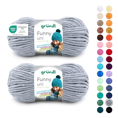 Gründl Wolle Funny uni - dicke weiche Chenille Wolle zum Häkeln - Häkelwolle - Strickwolle - Kuschelig und hautfreundlich - 100% Polyester - 2 Knäuel 100 g / 120 m - Nadelstärke 5-6 - Hellgrau