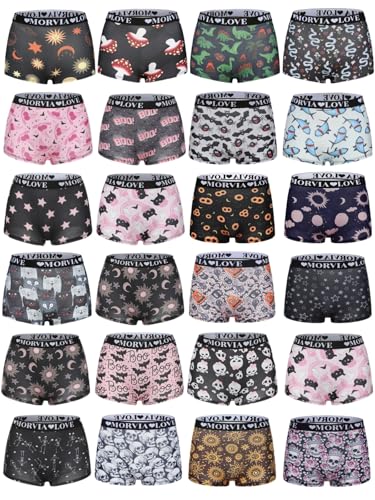 Morvia 6 Pack Gothic Halloween Print Boyshorts, High Waist Variety Underwear with Elastic Band, Skull Rose Stars Pattern (6pcs Random Patterns, Medium)
