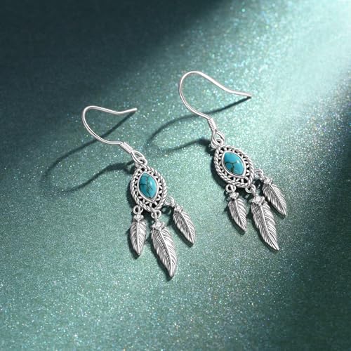 Genuine Turquoise Feather Earrings 925 Sterling Silver Western Earrings Vintage Nature Gemstone Real Turquoise Jewelry for Women2
