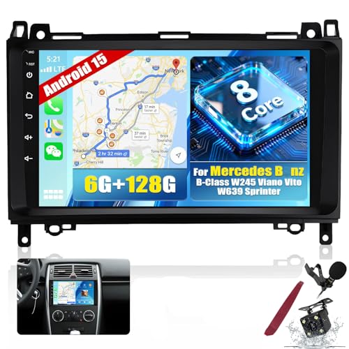 PLKEQS Y3, Estéreo para Coche Android 15 de 6 128G y 8 núcleos para M-ercedes-Benz B-Class W245 Viano Vito W639 Sprinter, Pantalla táctil Doble DIN de 9' 2K, GPS, Bluetooth, RDS, SWC, cámara