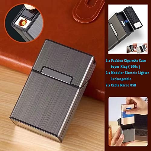 Cigarette Case with Lighter 100\'s King Size 20pcs Cigarettes 2 Pack Rechargeable Flameless Windproof Electric Lighter Makeup Mirror