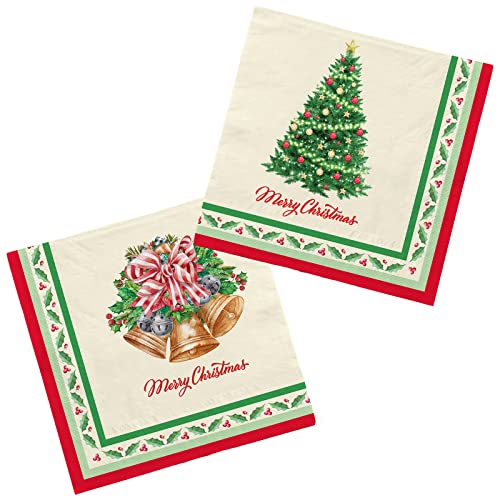 Christmas Party Supplies, Christmas Tree Paper Napkins for Merry Christmas and New Year Party Decorations, 50 Pack, Christmas Tree and Christmas bell Design