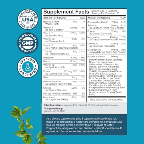 Nootropic Brain Supplement for Memory and Focus Support - Vitamins for Mental Support & Clarity with Bacopa Monnieri, VIT A, B6, Riboflavin, Niacin, Thiamin & Folate - Cognitive Complex - 60 Count - Image 4