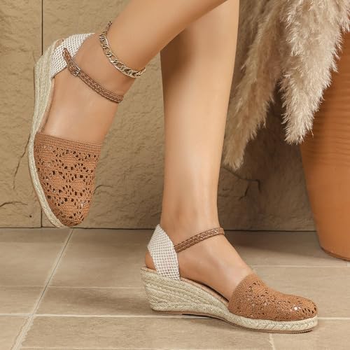Sandales compensées en jute pour femme avec boucle de cheville réglable