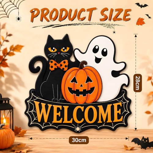 Image of Halloween Party Decorations - Halloween Welcome Wreaths Sign for Front Door | Wooden Black Cat Ghost Pumpkin Hanging Decor for Porch Wall Door- Halloween Garland Porch Decor for Party Favors Supplies