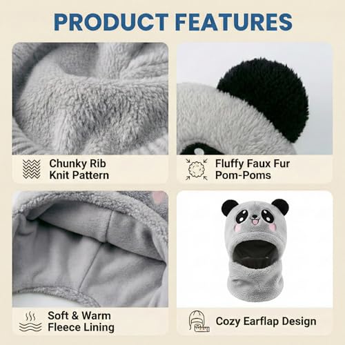 Image of Kraptick Winter Kids Monkey Cap - Cute Panda Plush Balaclava Hat with Neck Warmer Scarf Soft Woolen Fleece Lined Windproof Earflap Hood for Babies -3