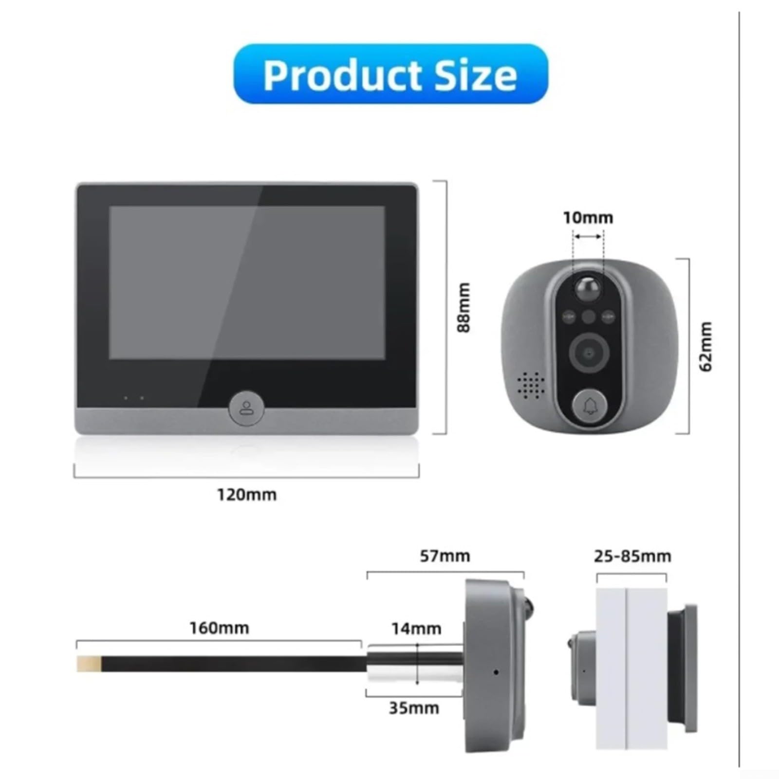 Judas de porte numérique 1080p WLAN avec écran de 4,3" PIR Détection de mouvement pour Alexa Compatible Smart Home Security Gris pour appartement maison