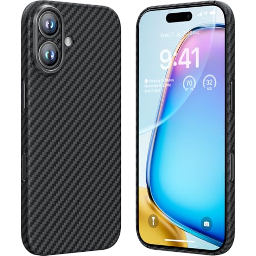 Housse ultra mince pour iPhone 16 memumi en pure fibre d'aramide, finition carbone noir