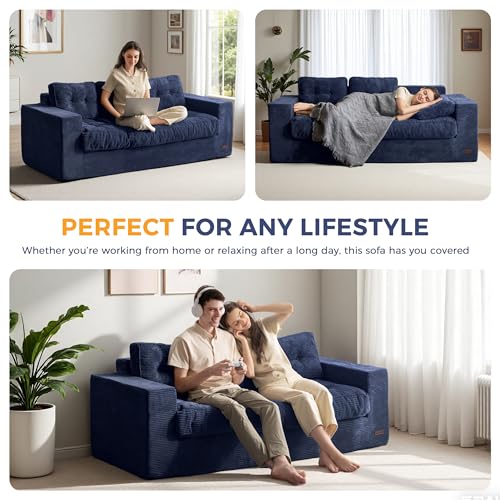 Image of MAXYOYO Loveseat Sofa Couch, Upholstered Bean Bag Chair Cloud Seat for Adults, Boneless Couch with Cushion & Pillows, Sofa in A Box, No Assembly Required, Corded Navy, 3-Seat