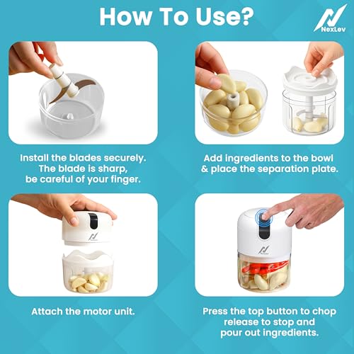 Image of NexLev Mini Electric Chopper | 3D Stainless Steel Blade | Food Grade Bowl | For Mincing Garlic Ginger Onion Vegetable Meat Nuts | 250 ml | One Touch Operation | MC-01