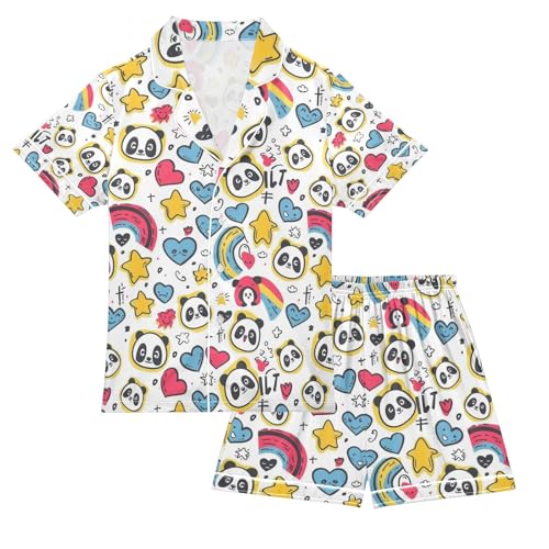 senya Heart Star Panda Satin Summer Pajama Sets Silk Short Sleeve Button Down Sleepwear
