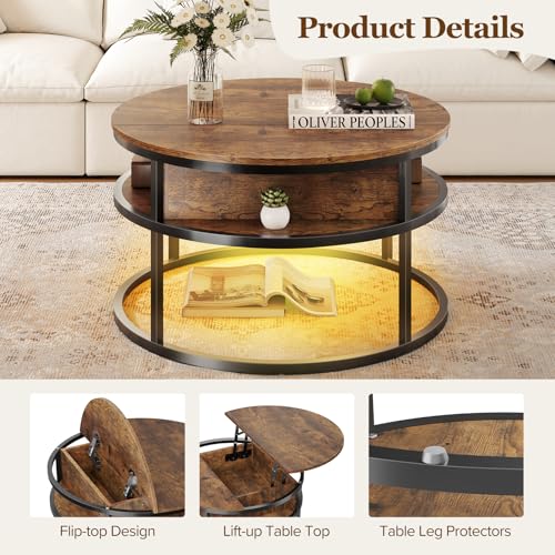 Dripex Round Lift Top Coffee Table with Storage - Adjustable LED Lighting & Hidden Compartment, Ideal for Home Office, Retro Brown Centre Table for Living Room - Image 6