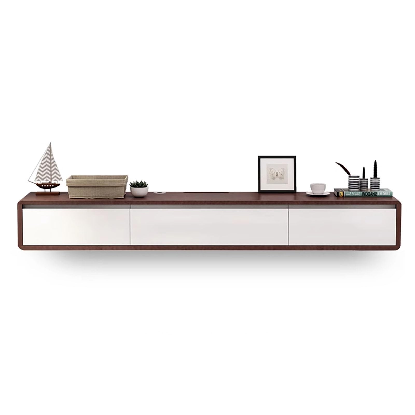 Meuble TV moderne flottant à fixation murale avec 2 tiroirs et étagère de rangement sous TV Noyer et blanc 160 cm de long