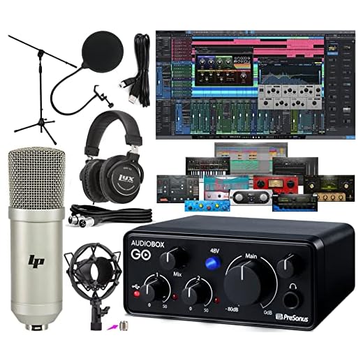Presonus AudioBox GO Mobile 2x2 USB Audio Recording Interface for USB with Studio One Artist Software Pack and LyxPro Condenser Microphone Kit