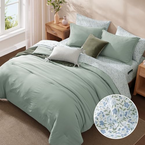 Monbix Full Size Comforter Set - 7 Pieces Sage Green Prewashed Bed in a Bag Full Bedding Sets with Comforters, All Seasons Ultra Soft Comforter Bed Set with Sheets,Pillowcases & Shams