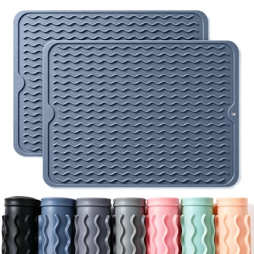 Image of 2 Pack Caketime Silicone Dish Drying Mat for Kitchen Counter Multiple Usage for Baking Cooking Grilling Under Sink Office Coffee Accessories Apartment Appliances Pioneer Woman Stuff 15 inchx11.5 inch Blue