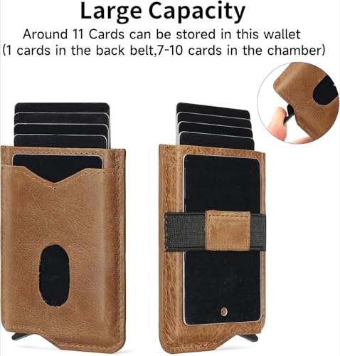 Slim Smart Mens Wallet Minimalist Genuine Leather Card Holder Cash Card Back Belt Wallet RFID Blocking Pop Up Aluminum Case Credit Card Wallet (M-Light Brown)4