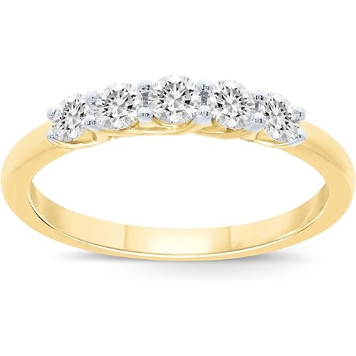 Lab Grown Five Stone Diamond Rings for Women | 10K Solid Yellow and White Gold Certified 1/4-1 CT. TW. Diamond Anniversary Bands and Wedding Rings