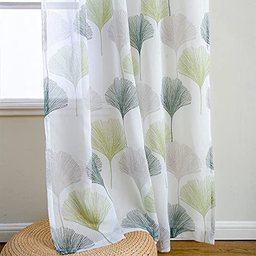 Linentalks Green Leaf Curtains For Living Room, Scandinavian Pattern Sheer Curtains 84 Inch Length 2 Panels Set, Sheer Floral Curtains, Rod Pocket Green Sheer Curtains Bedroom Olive Green Curtains #TOP2
