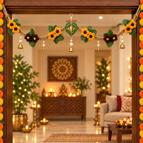 Image of Akaar Decor Artificial Marigold Door Hanging Toran | Diwali Decoration Items for Home Decor| Festive Decor| Office Decor| -(L:Approx. 2.5ft) (Crochet Bandhanwar Yellow Brown)
